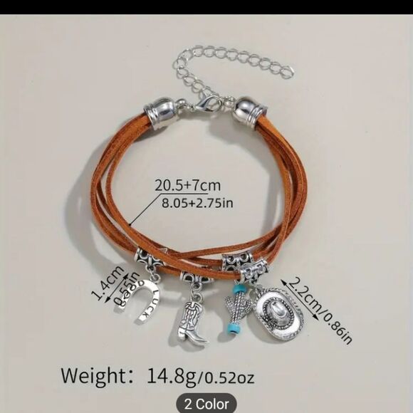 Western Bracelet Leather Women's Cowboy Boots Hat Charm New F2 - Picture 3 of 3